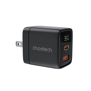 Choetech PD6052 GaN USB-C and USB-A 35W Charger with Display - White