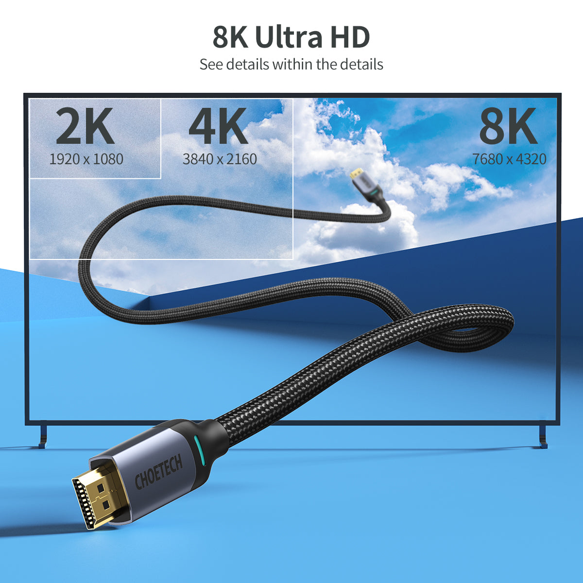 XHH01 Choetech 8K HDMI 2.1 Cable HDMI 2.1 Cable 8K@60Hz 48Gbps 4K HDMI HDR 2M 6.6FT Braided Cable