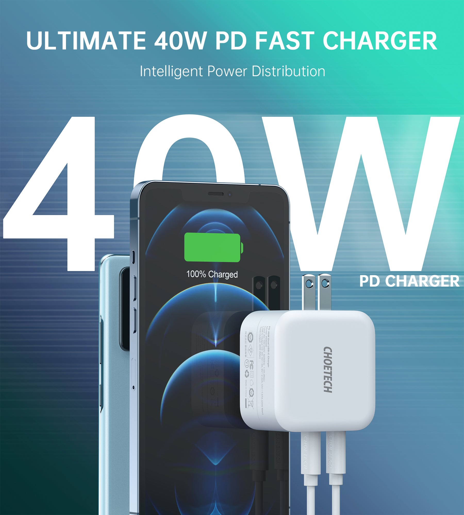 CHOETECH 40W Dual Fast USB C Charger 2-Port 20W PD 3.0 with Foldable Plug for iPhone 12 Pro Max/mini/11/SE,Galaxy, iPad Pro, AirPods, Nintendo Switch CHOETECH