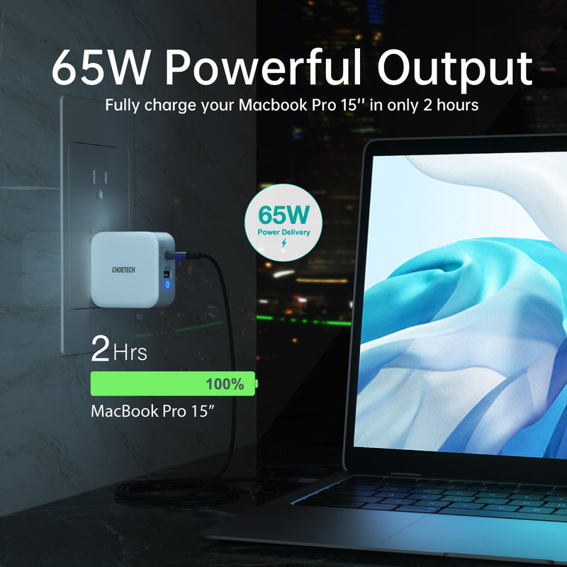 PD8002 CHOETECH 65W 2-Port PD Charger GaN Tech USB C Foldable Fast Charging Adapter Compatible with MacBook CHOETECH