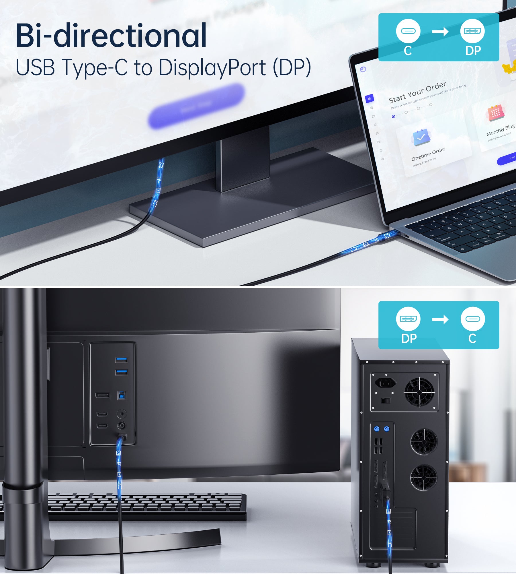 XCP-1803 Choetech USB C to DisplayPort Cable, 8K@30Hz 6ft DisplayPort to USB C Cable, Thunderbolt 3 to DisplayPort Two-Way