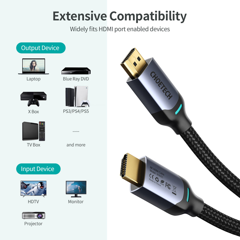 XHH01 Choetech 8K HDMI 2.1 Cable HDMI 2.1 Cable 8K@60Hz 48Gbps 4K HDMI HDR 2M 6.6FT Braided Cable