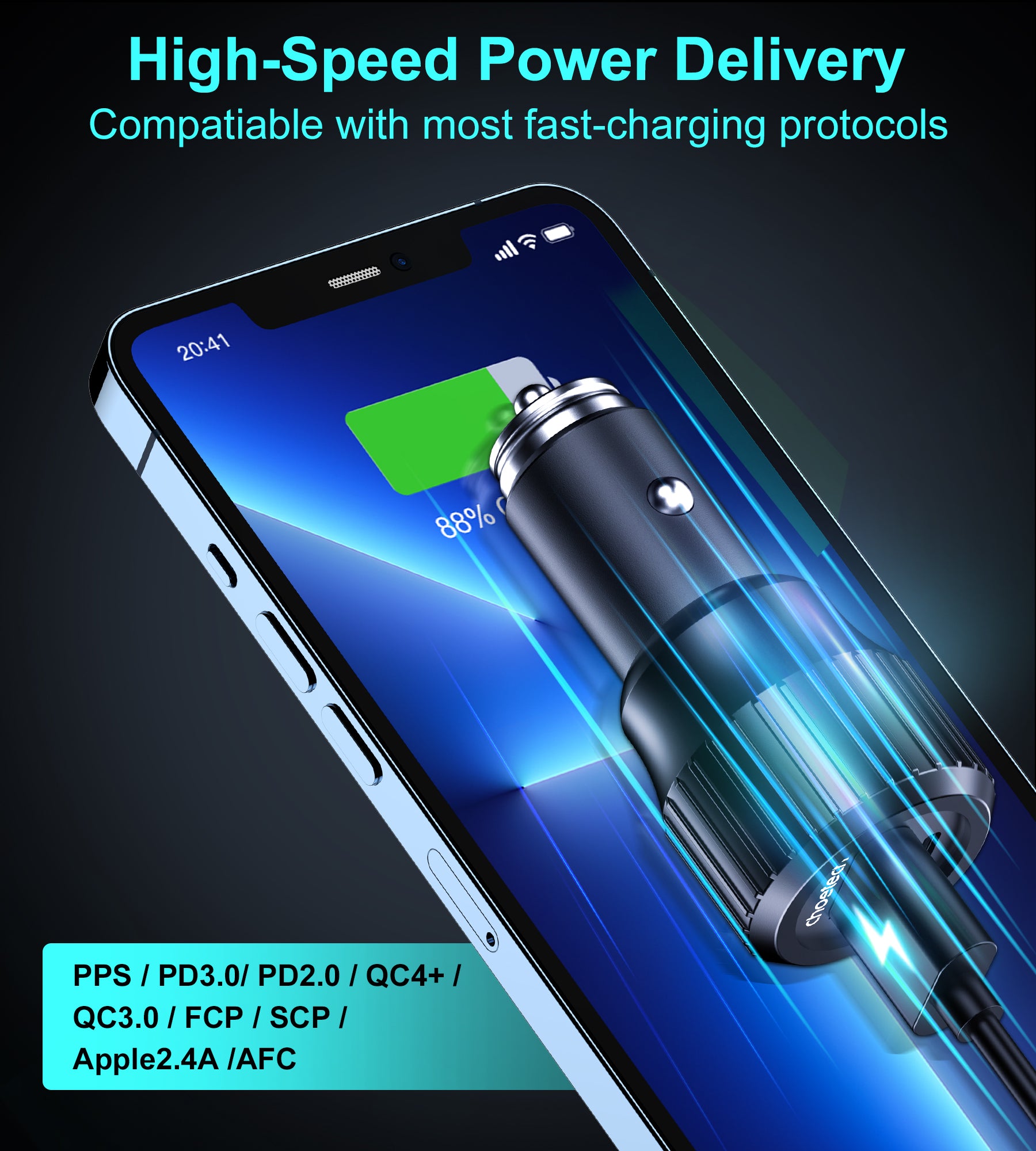 TC0010 Choetech 63W Dual USB-C 45W + USB-A 18W Car Charger