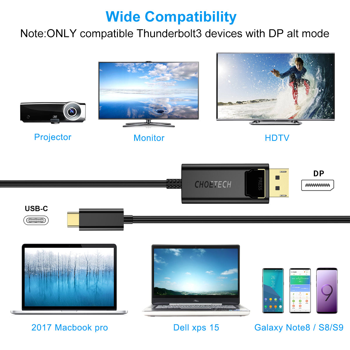 XCP-0012 USB C to DisplayPort Cable 4K@60Hz CHOETECH