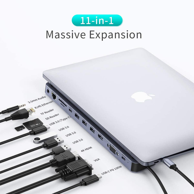CHOETECH 11 in 1 USB Type C Hub Adapter with USB C PD 100W, 4K HDMI, VGA, 3 USB 3.0, 3.5mm Audio, RJ45 Ethernet, SD/TF card reader, USBC data CHOETECH