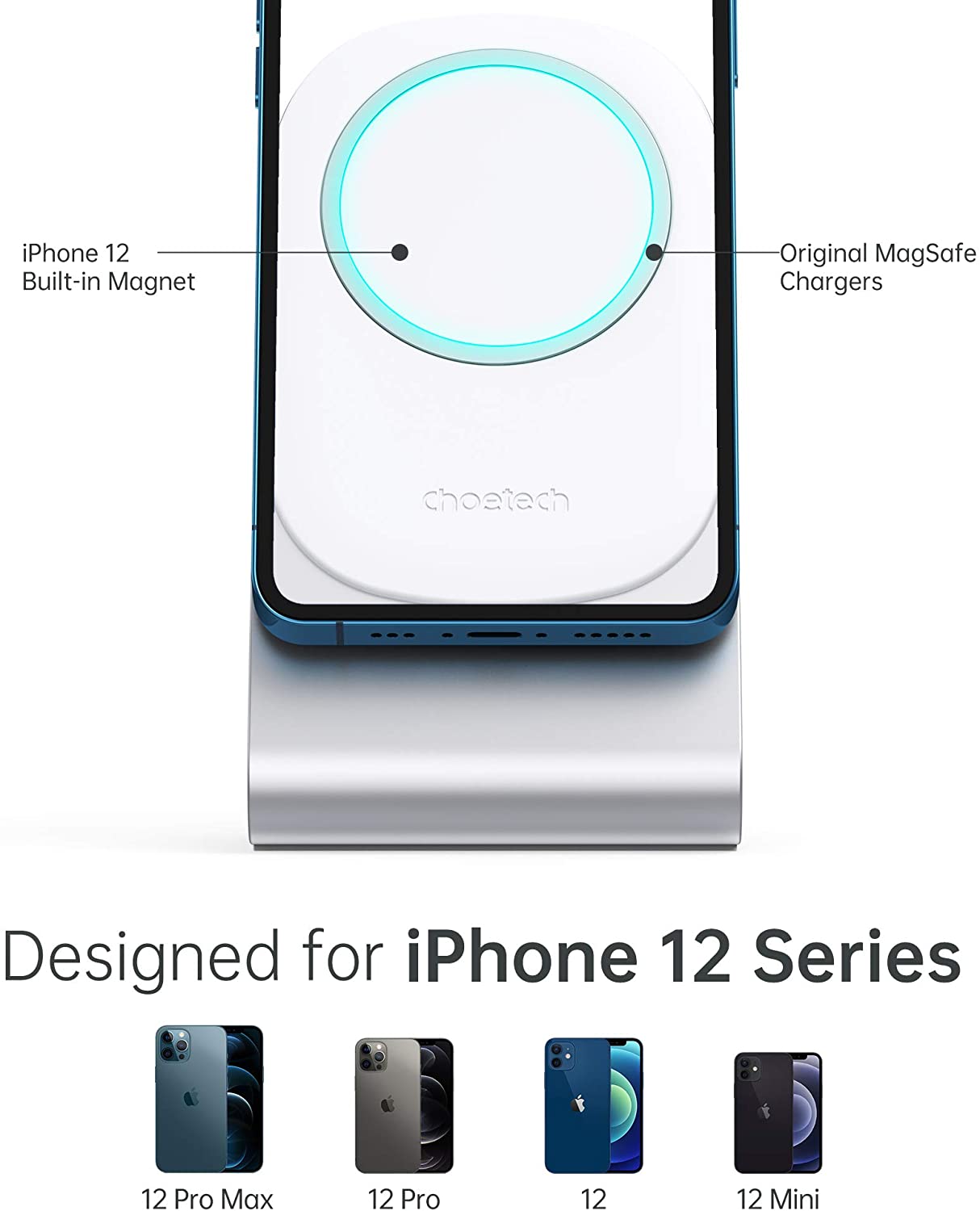H046 Choetech Phone Stand for MagSafe Charger Aluminum iPhone 12 Magnetic Charging Dock Holder Cradle for Desk CHOETECH