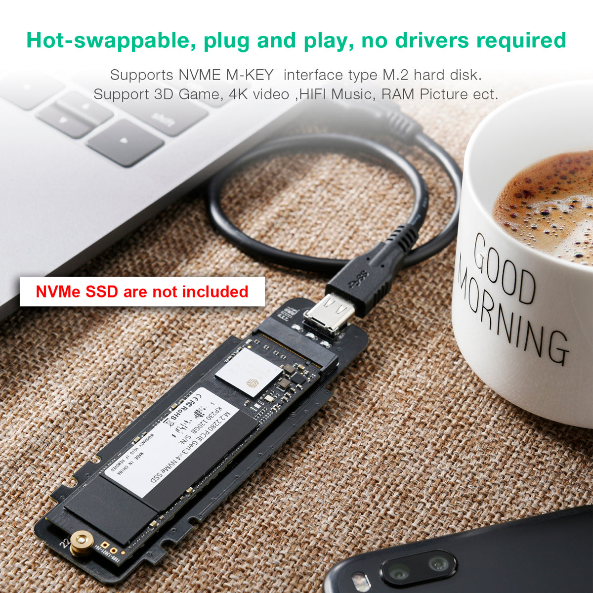 Lector de SSD PC-HDE02 M.2 a USB compatible con M-Key (basado en PCI-E NVMe)