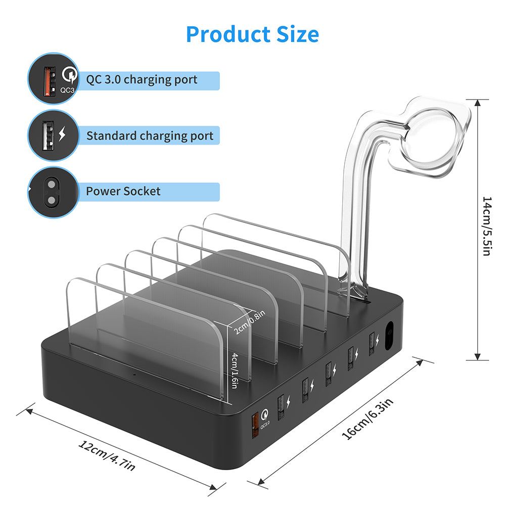 Q3008 QC 3.0 Ladestation, CHOETECH 6-Port-Ladestation für mehrere Geräte, Schreibtisch-Organizer, abnehmbare Ladestation für iPhone, iPad, iwatch, Samsung und andere Android-Geräte (6 Kabel im Lieferumfang enthalten)