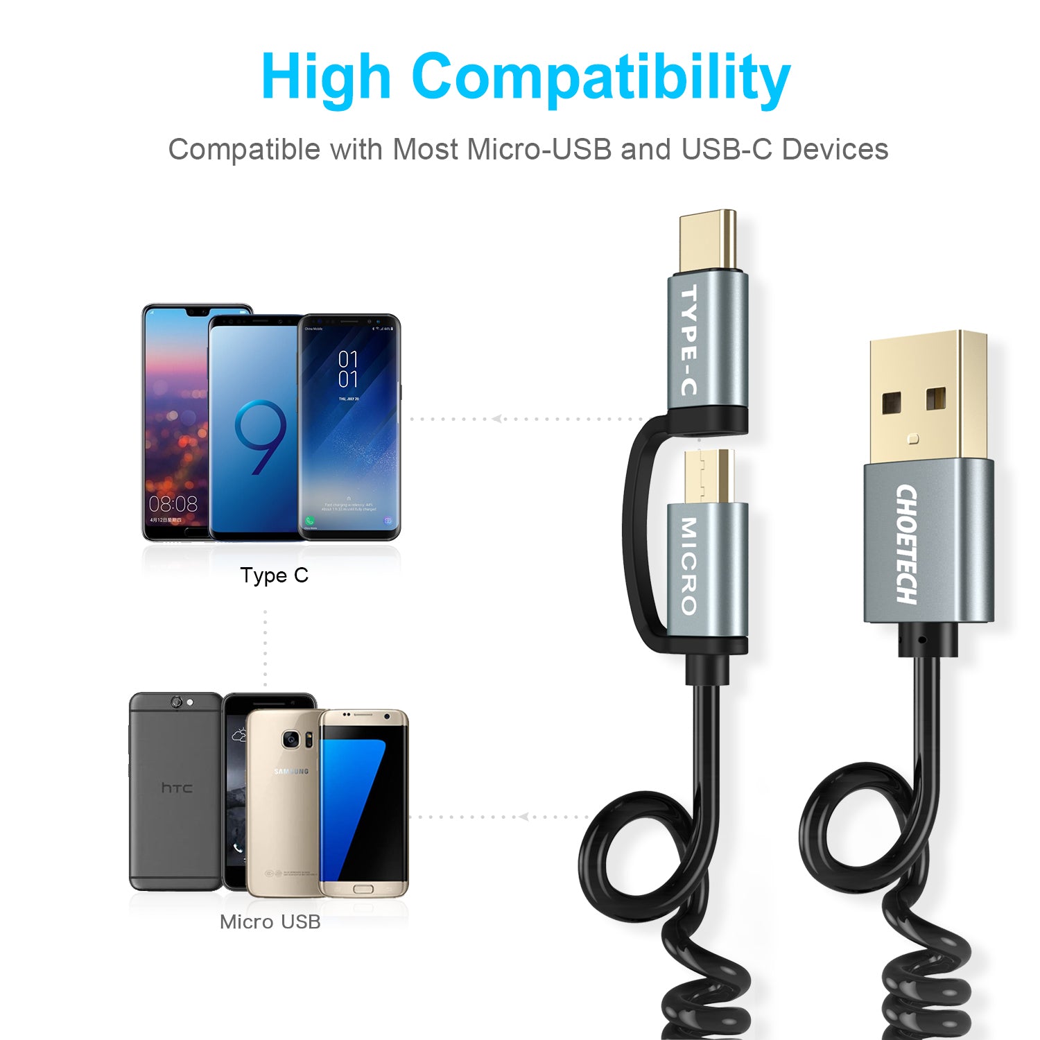XAC-0012-101/102 CHOETECH 2 in 1 USB Type C+Micro USB Cable (Coiled) 4ft/1.2m Charge & Sync Cable for Galaxy S9/ S9 Plus, Note 8, S8/ S8 Plus, LG G6/ G5 and Other Type C & Micro USB Devices