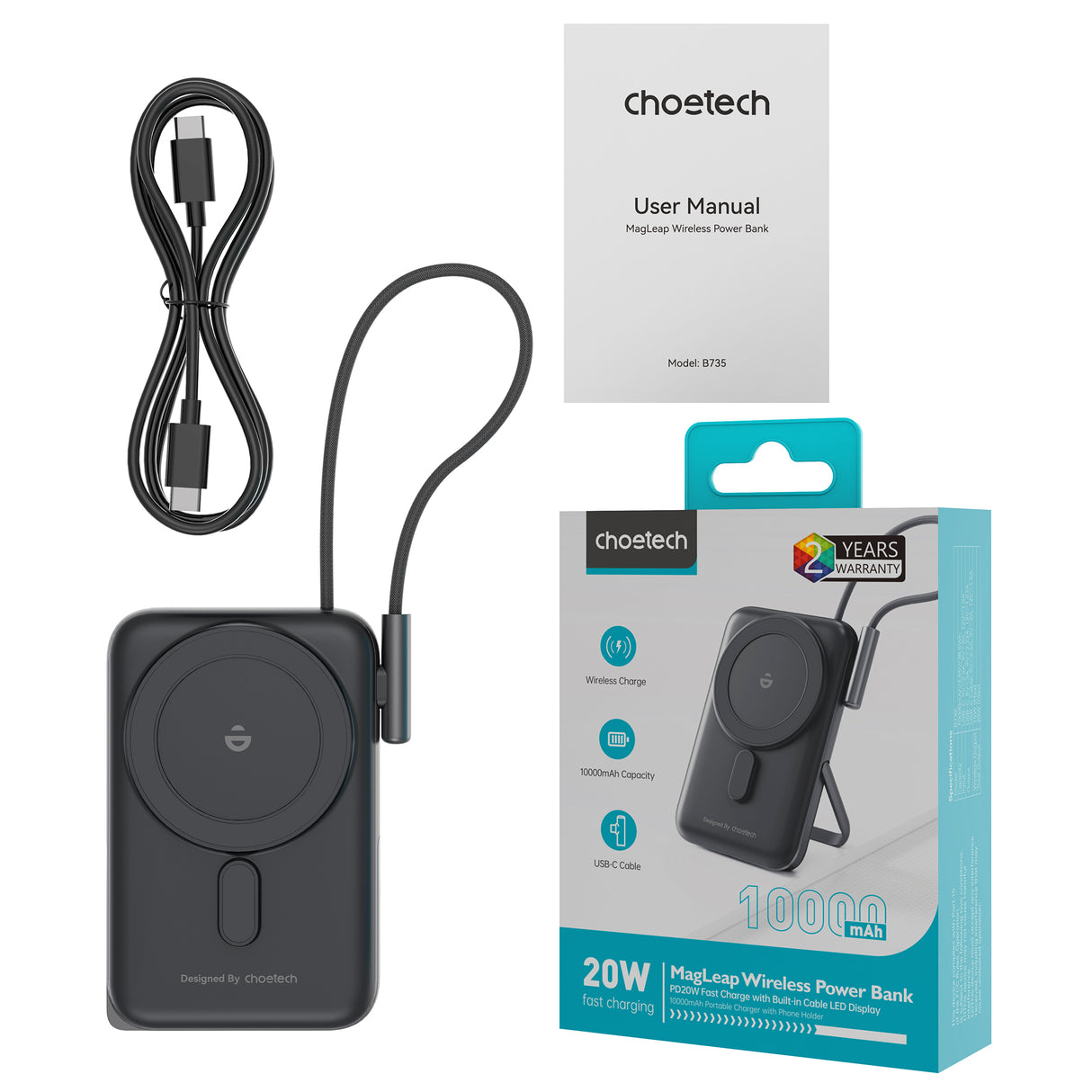 Choetech B735 10000mah 20W Magnetic Powerbank with Bracket & USB-C Cable & Power Display Black