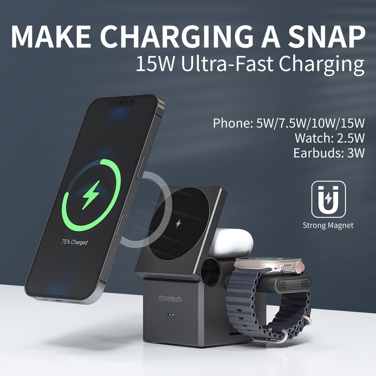 Choetech 4in1 15W Magnetic wireless charger with Removeable WatchChargerHolder for iphone 15
