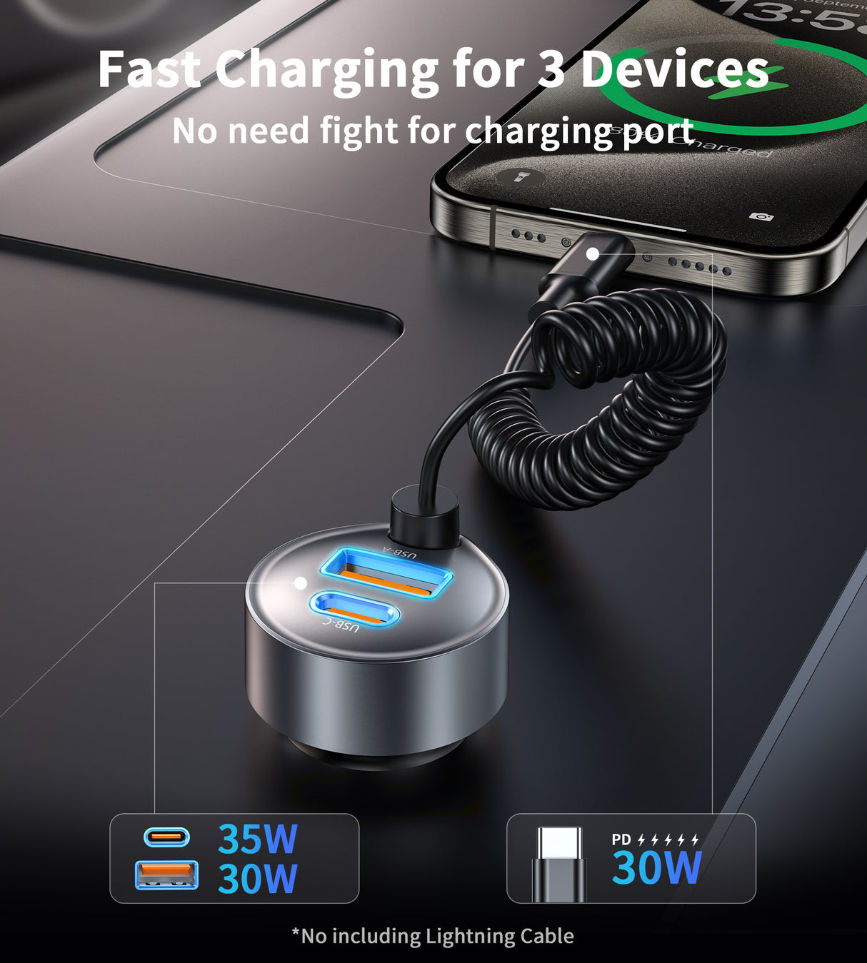 Choetech TC0030 65W USB-C+USB-A Fast car charger with Stretchable Type-C Cable