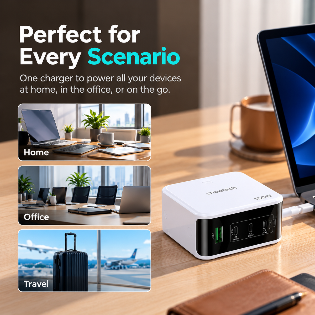 Choetech PD9066 NexGen 4-Port Wall Charger with Smart TFT Display US/EU/UK Plug