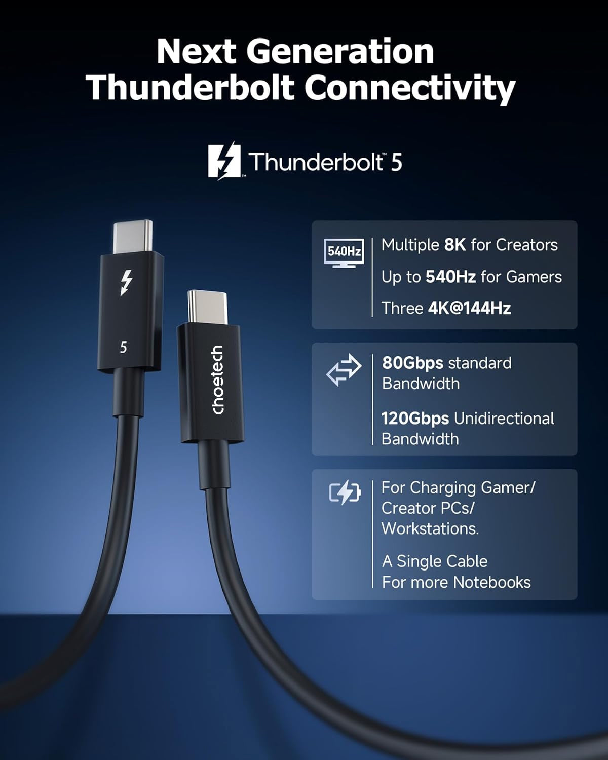 CHOETECH  Thunderbolt5 Intel Certified 240W 80Gbps Audio Cable