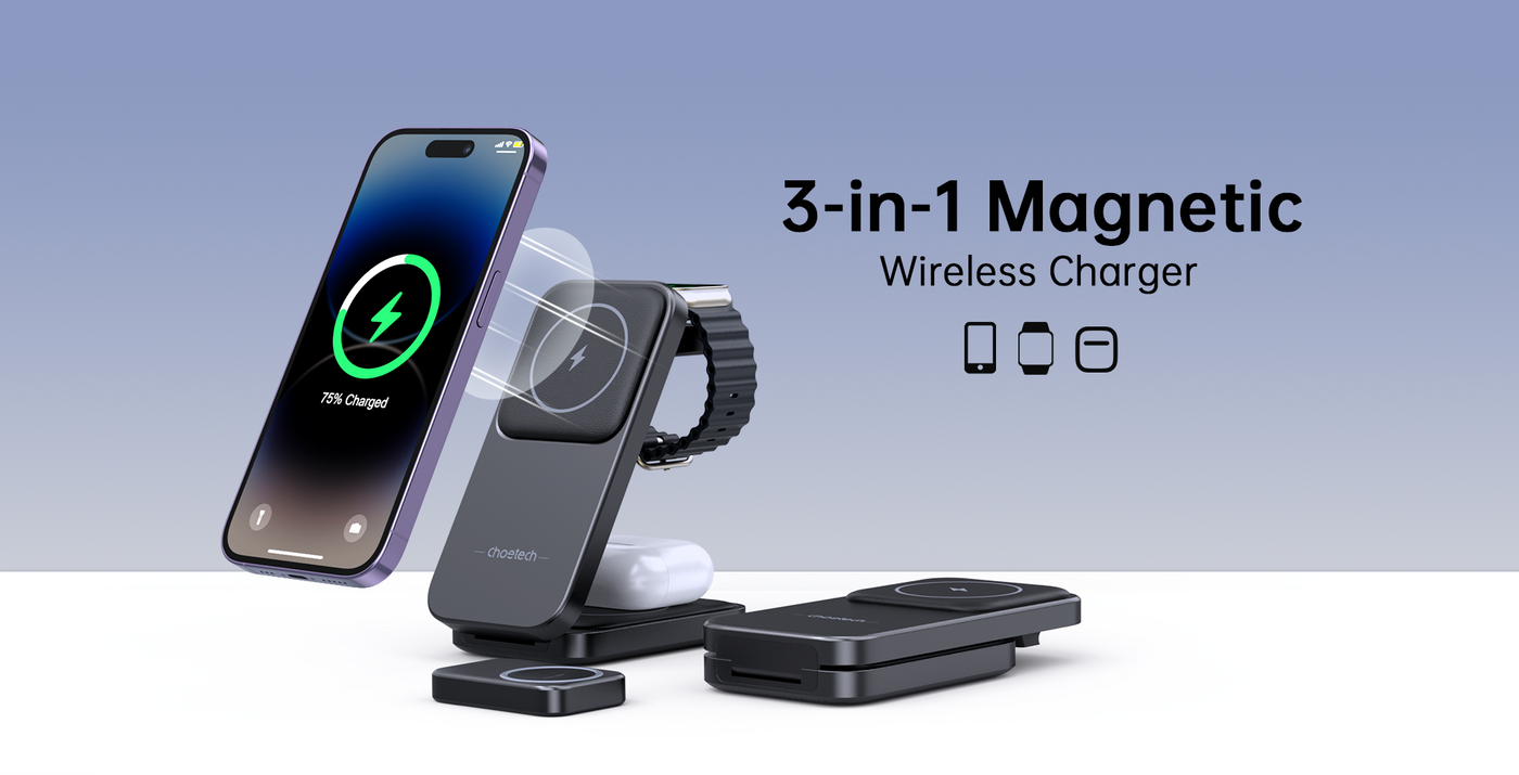 Chargeur sans fil 2-en-1 Choetech T323 compatible MagSafe & MFI - Gris 