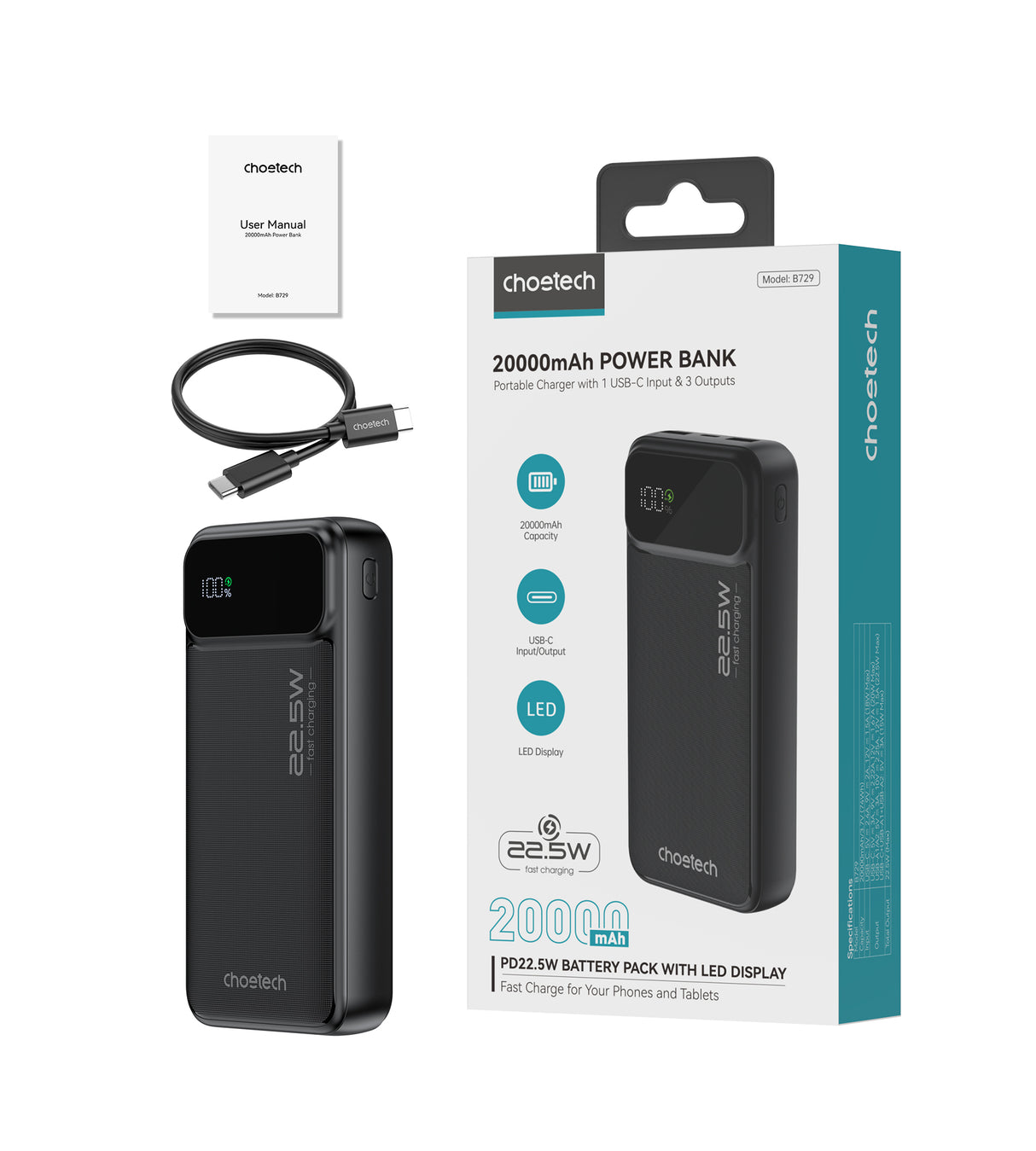 Choetech B729 PD22.5W Dual USB-A+Type-C Power bank 20000mAh Black