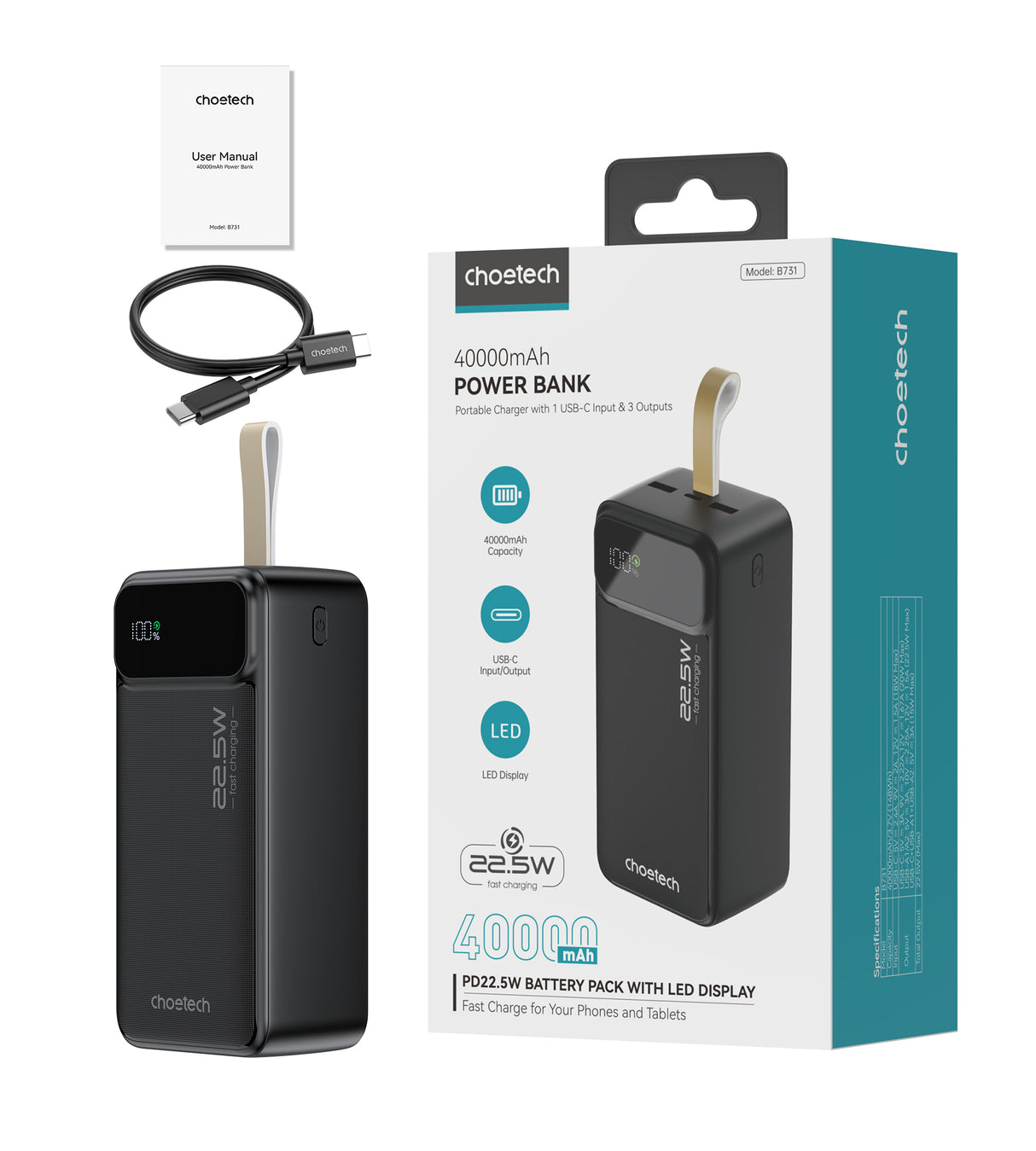 Choetech B731 PD22.5W Dual USB-A+Type-C Power bank 40000mAh Black