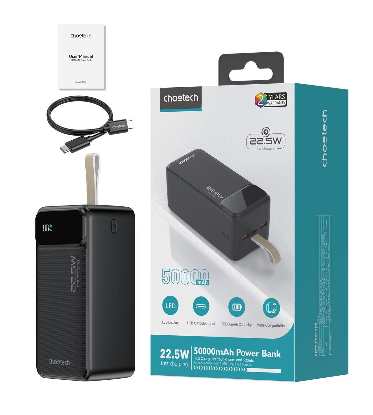 Choetech PD22.5W Dual USB-A+Type-C Power bank 50000mAh