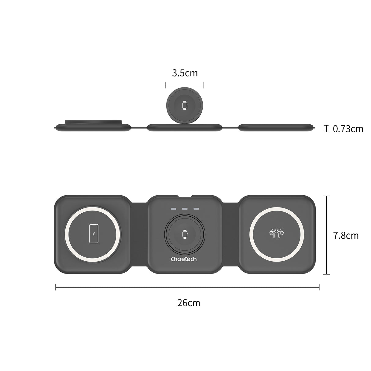 Choetech 3 in1 Foldable Magnetic wireless charger station for iPhone 12/13/14/15/16 series,AirPods Pro and   Apple watch