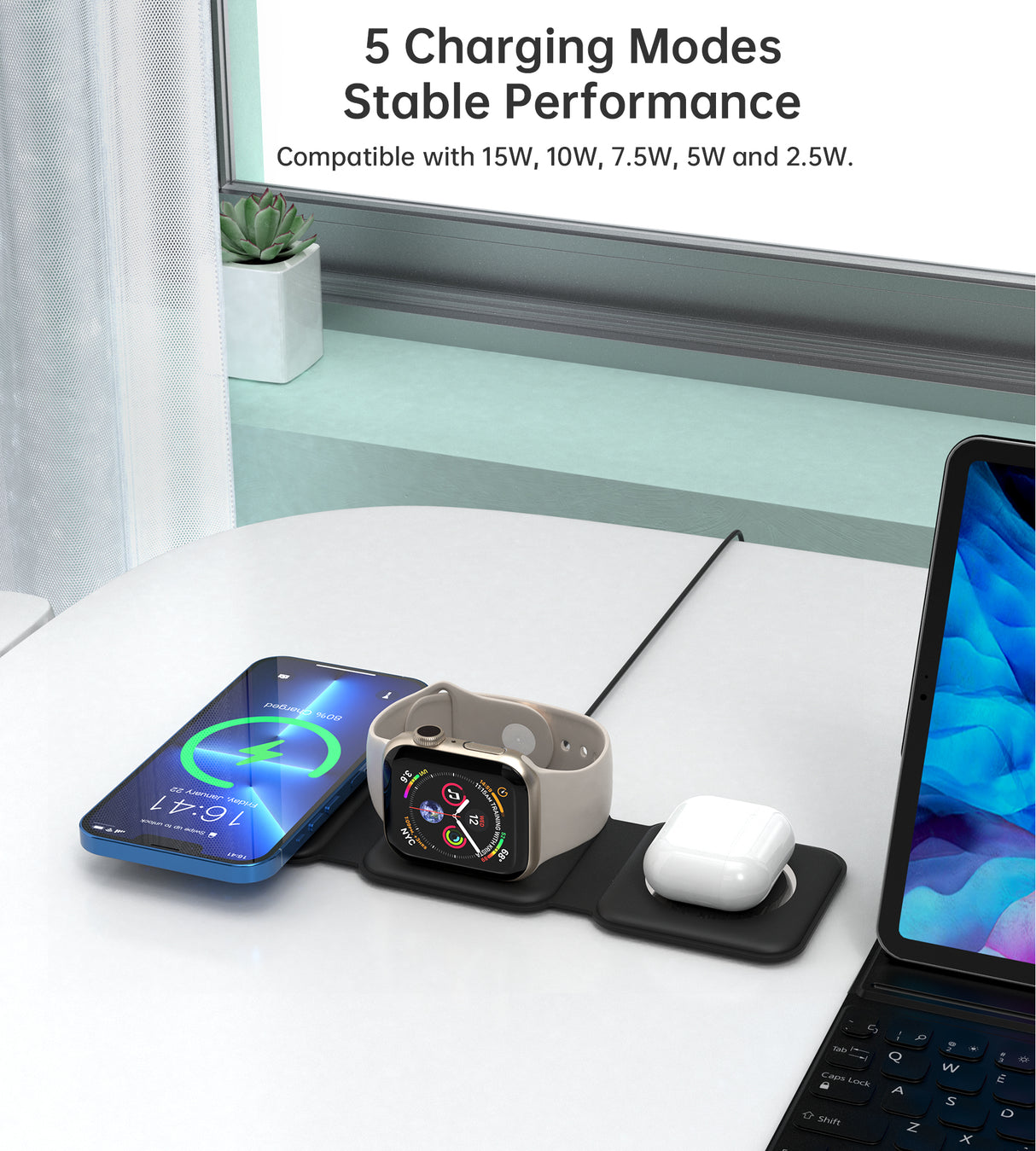 Choetech 3 in1 Foldable Magnetic wireless charger station for iPhone 12/13/14/15/16 series,AirPods Pro and   Apple watch