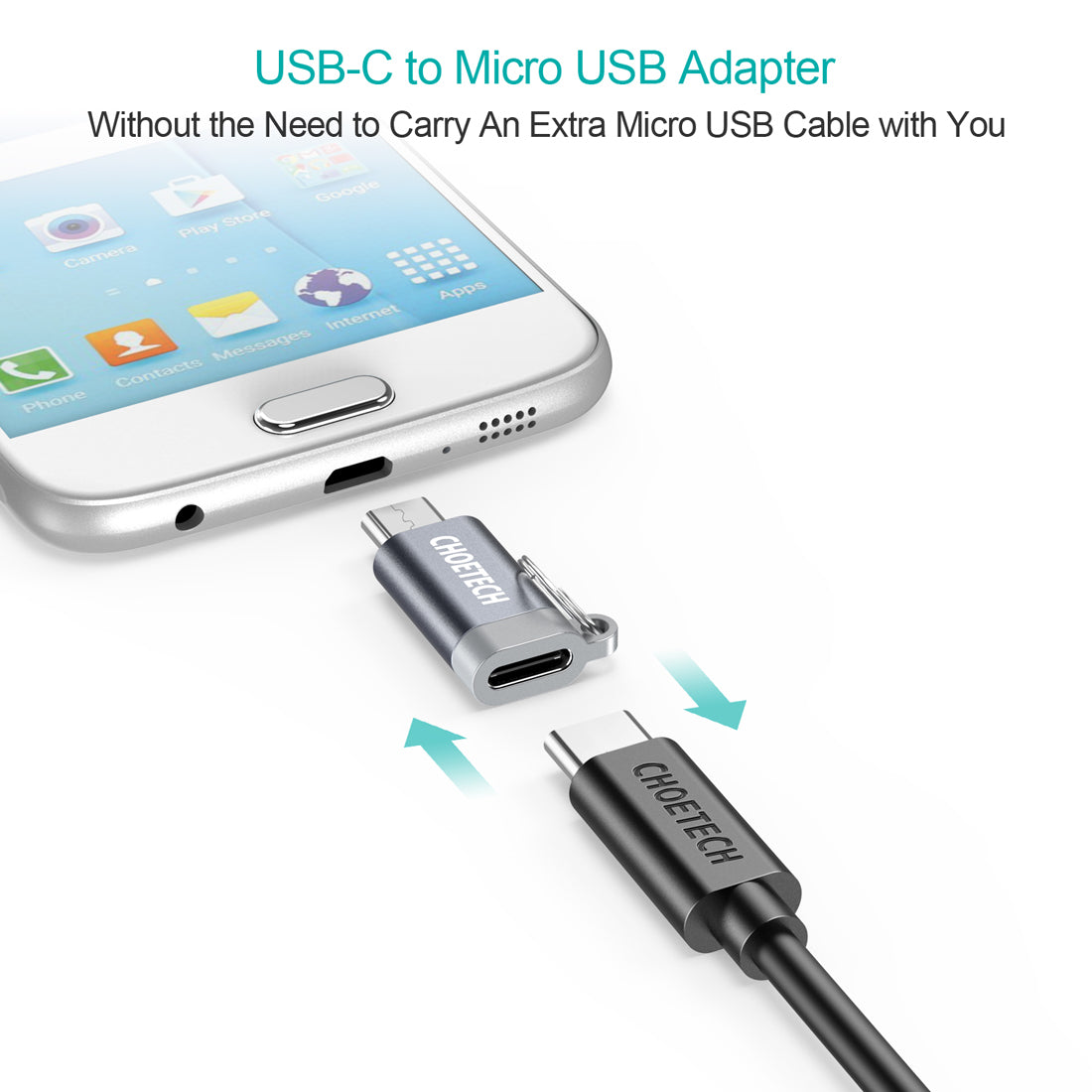 Adaptateur Micro USB vers USB C, CHOETECH Lot de 4 connecteurs de conversion de synchronisation de charge de type C (femelle) vers micro USB (mâle) avec porte-clés