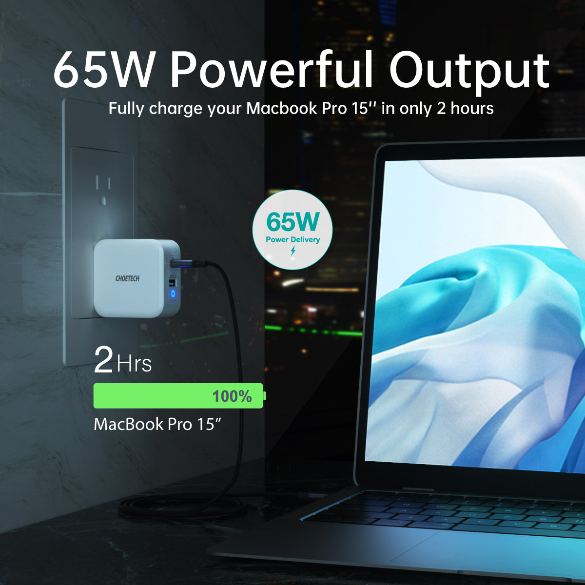 PD8002 CHOETECH 65W 2-Port PD Charger GaN Tech USB C Foldable Fast Charging Adapter Compatible with MacBook CHOETECH