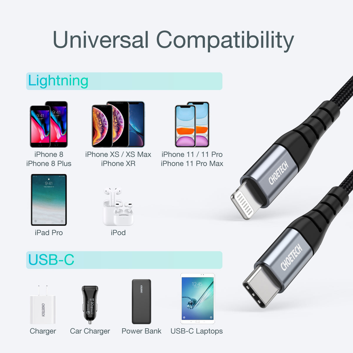 Cable USB C a Lightning IP0041 CHOETECH [certificado Apple MFi de 2 m/6,6 pies] trenzado de nailon premium compatible con iPhone 11/11 Pro/11 Pro Max/X/XS/XR/XS Max/8 Plus/iPad/AirPods Pro, compatible con alimentación Entrega