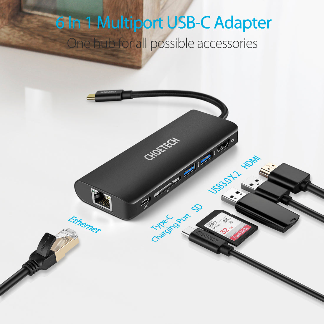 CHOETECH USB C Hub Multiport Adapter, 6 in 1 Type C Hub Adapter CHOETECH OFFICIAL