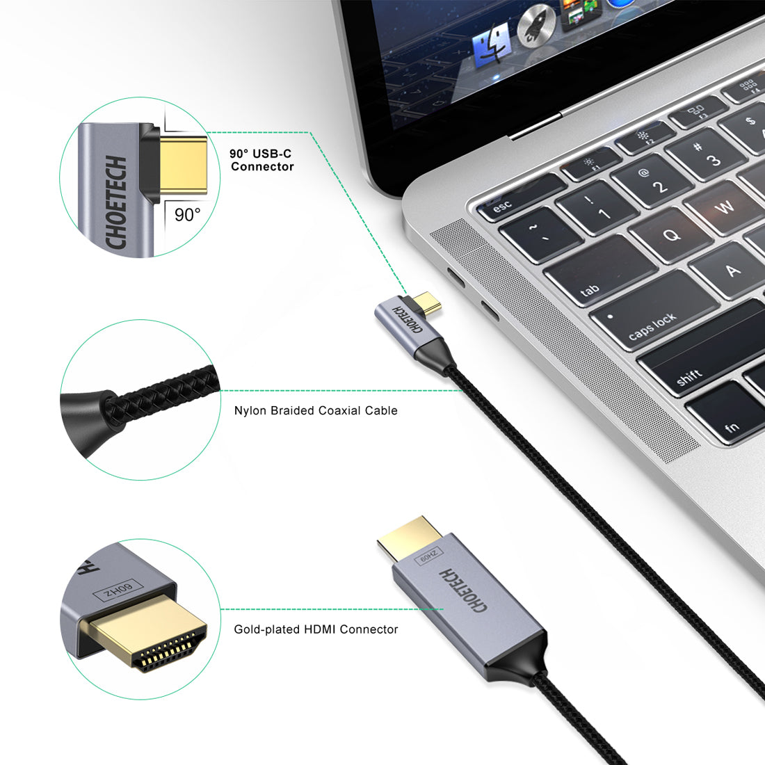 XCH-1201BK CHOETECH USB-C-zu-HDMI-Kabel (4K@60Hz), 6 Fuß USB-Typ-C-zu-HDMI-Kabel, geflochtenes Thunderbolt 3