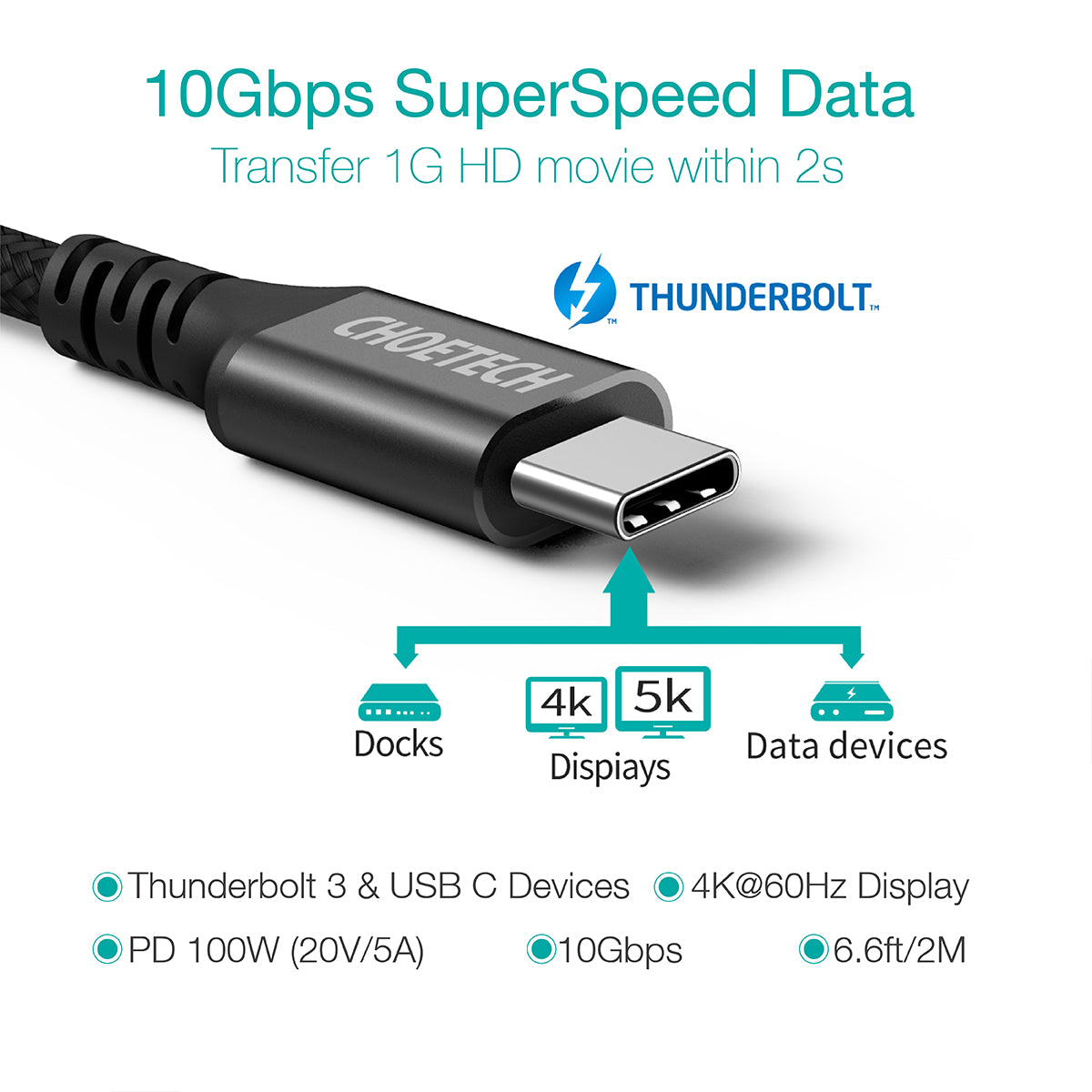 XCC-1007 CHOETECH 100W USB Type C Câble de charge rapide tressé (20V 5A 6ft)