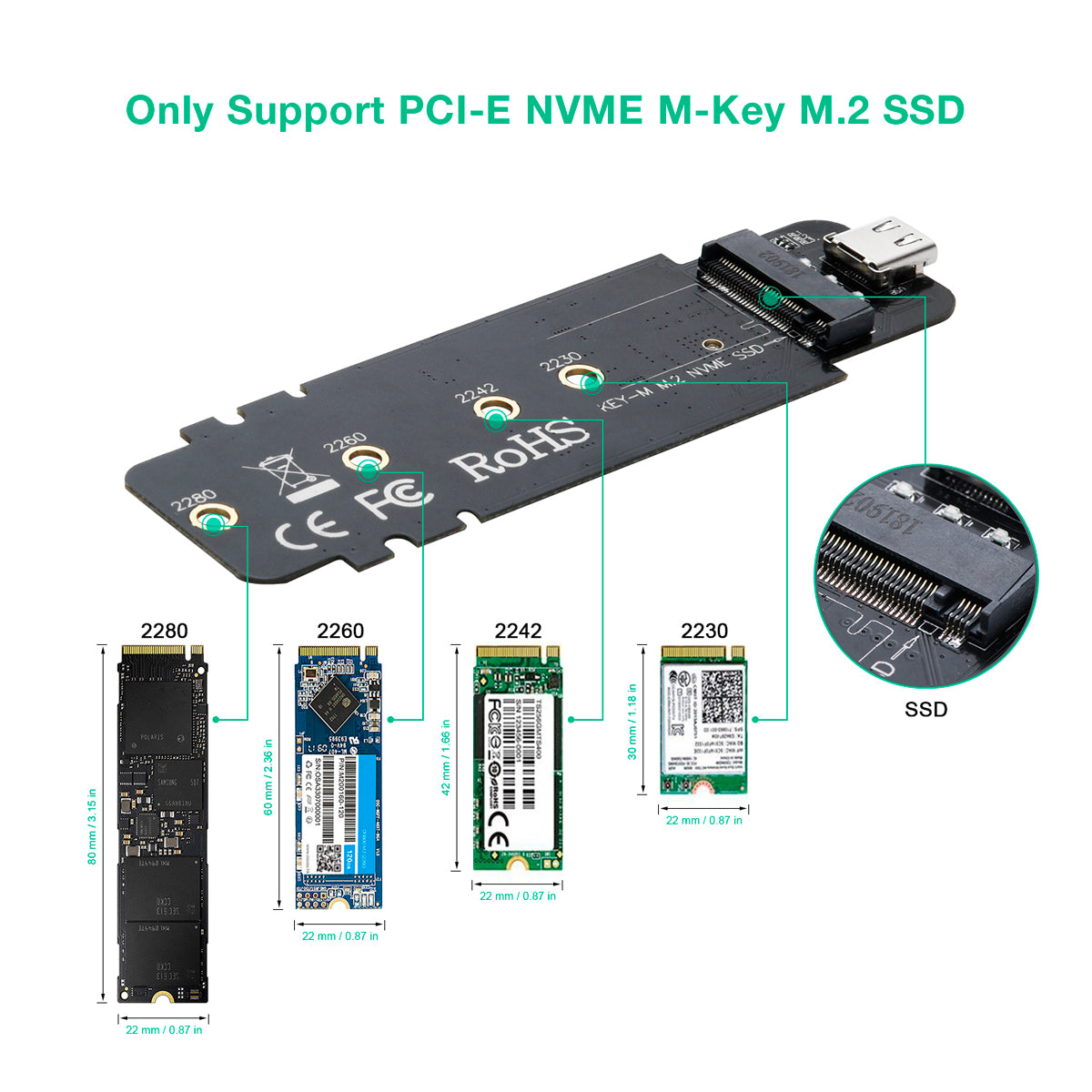Lector de SSD PC-HDE02 M.2 a USB compatible con M-Key (basado en PCI-E NVMe)