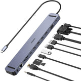 CHOETECH 11 in 1 USB Type C Hub Adapter with USB C PD 100W, 4K HDMI, VGA, 3 USB 3.0, 3.5mm Audio, RJ45 Ethernet, SD/TF card reader, USBC data CHOETECH