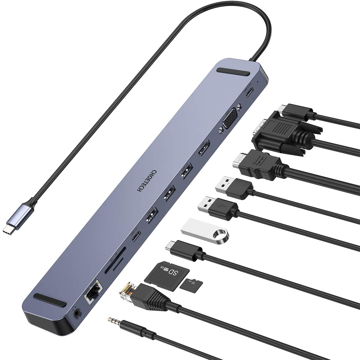 Adaptateur USB Type-C to HDMI 11 Ports - 4K HDMI VGA LAN RJ45