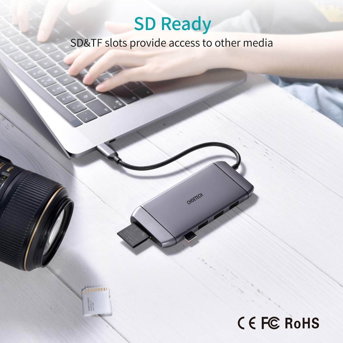 HUB-M15 9 in 1 USB C Adapter Hub with 4K HDMI, 100W PD Power,3 USB 3.0, RJ45 Ethernet, 60HZ VGA, SD/TF Card Reader CHOETECH