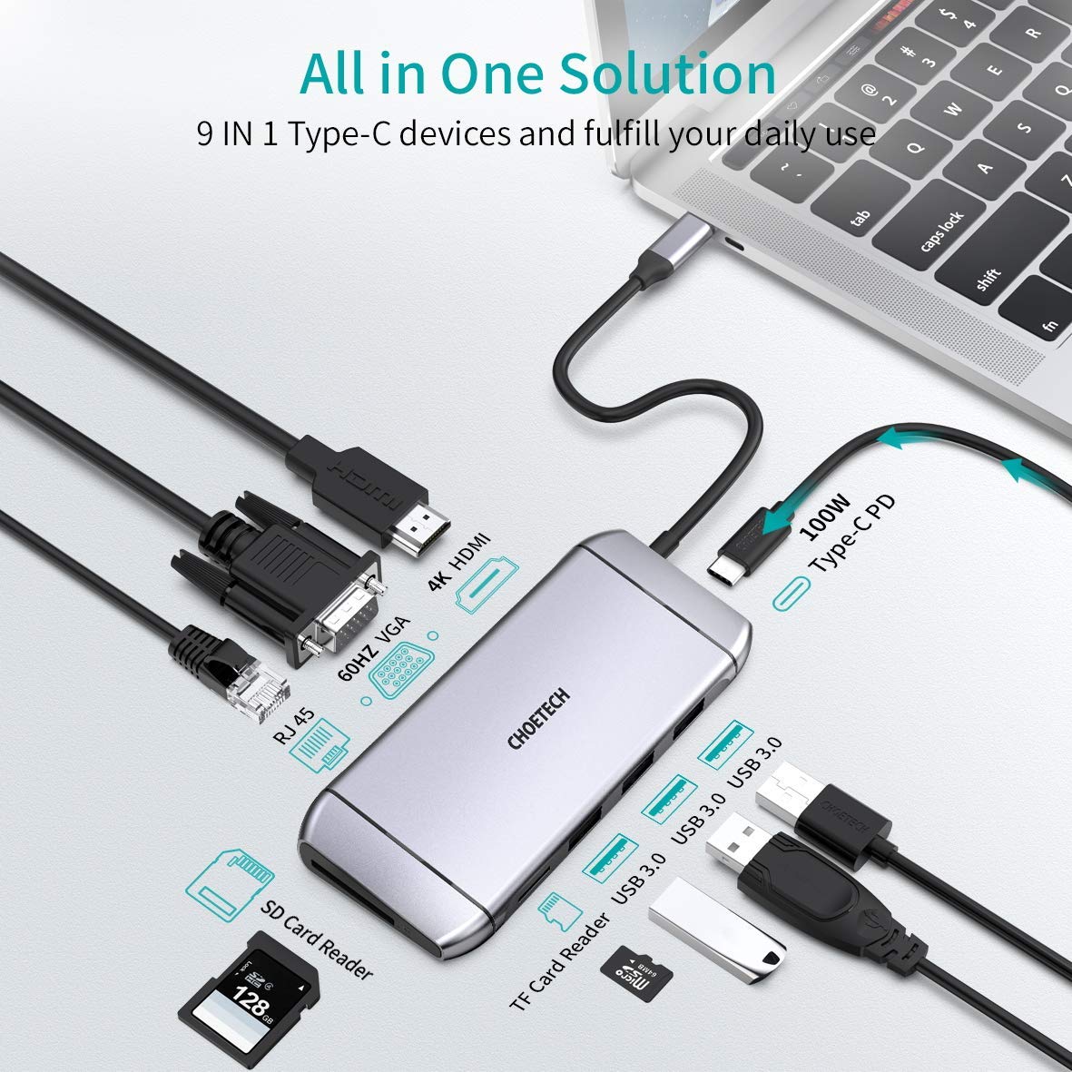 HUB-M15 9 in 1 USB C Adapter Hub with 4K HDMI, 100W PD Power,3 USB 3.0, RJ45 Ethernet, 60HZ VGA, SD/TF Card Reader CHOETECH