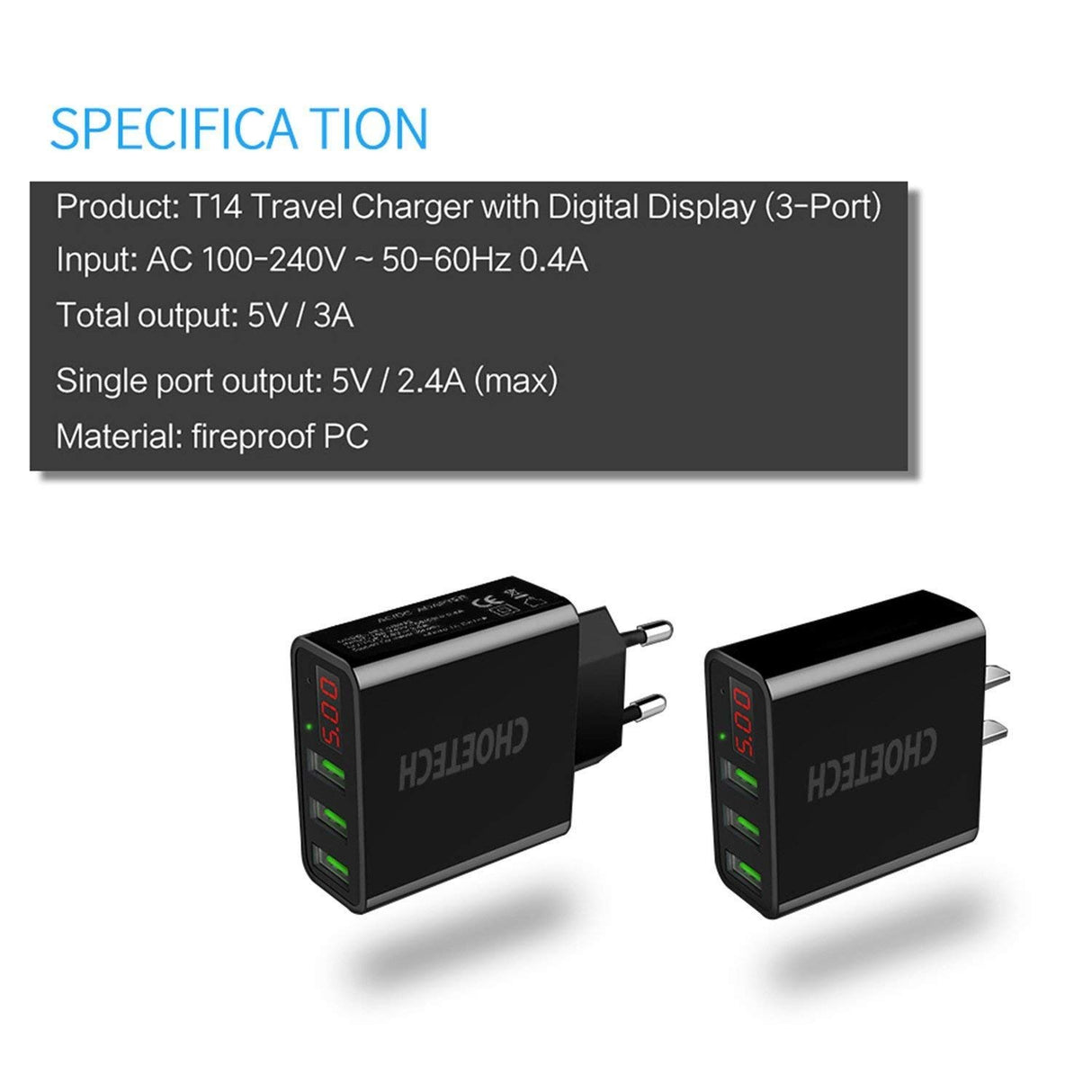 C0026 Rapid Wall Charger LED Display 5V/3A 3-Port Wall Charger CHOETECH
