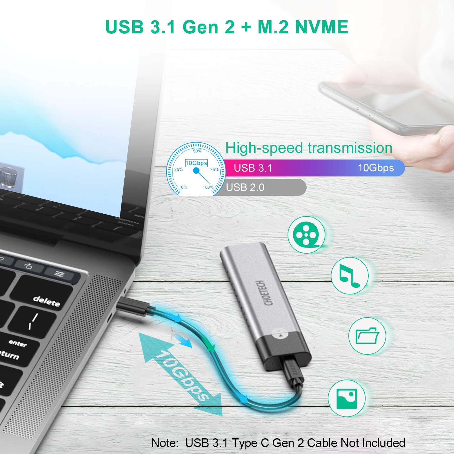 PC-HDE03 New Generation NVMe PCIe M.2 SSD to USB 3.1 Type C Gen 2 Adapter and Enclosure