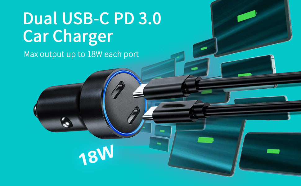 Cargador de coche USB tipo C de 2 puertos Adaptador de cargador de coche USB C dual de 40 W
