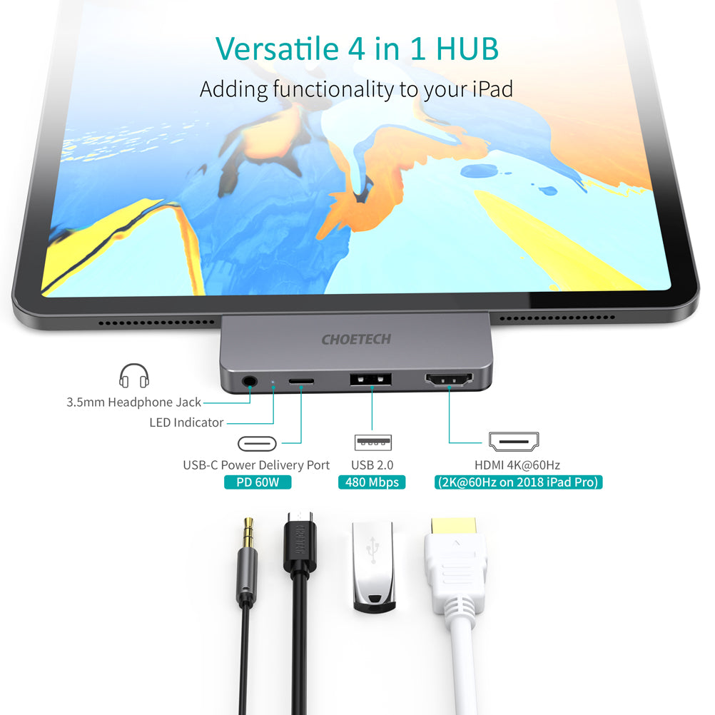Concentrateur USB C pour iPad Pro 4 en 1 Type C 4K 60HZ Adaptateur HDMI