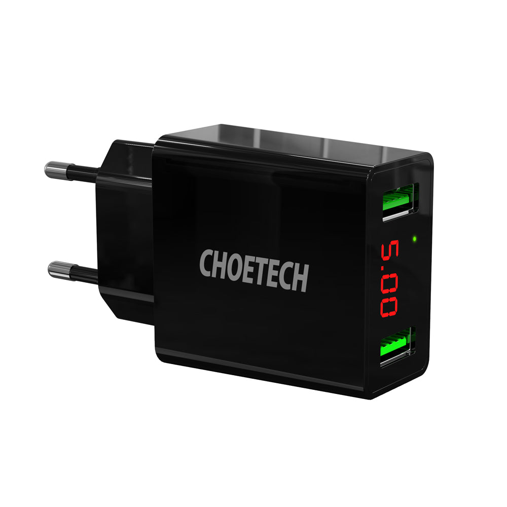 C0028 CHOETECH Universal-Reiseladegerät 5 V 2,2 A LED-Anzeige 2 USB-Schnellladegerät für Mobiltelefone