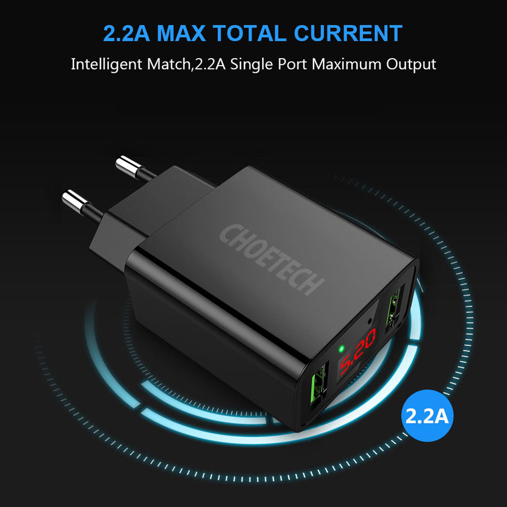 C0028 Choetech Travel 2-Port Wall Charger 5V/2.2A with LED Display