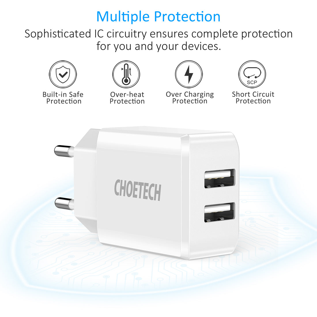 CHOETECH C0030 Dual USB Reiseladegerät 10W (5V/2A) USB Ladegerät für iPhone X/8/8 Plus/7/7 Plus/6/6S/6S Plus, iPad Pro Air/Mini, Samsung Galaxy S8/S7/S6, Google, HTC, LG und andere Tablets Weiß