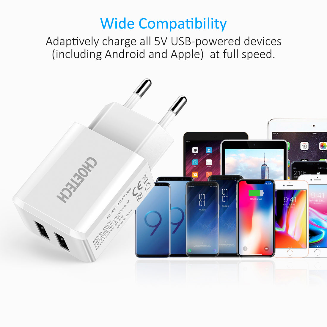CHOETECH C0030 Dual USB Reiseladegerät 10W (5V/2A) USB Ladegerät für iPhone X/8/8 Plus/7/7 Plus/6/6S/6S Plus, iPad Pro Air/Mini, Samsung Galaxy S8/S7/S6, Google, HTC, LG und andere Tablets Weiß