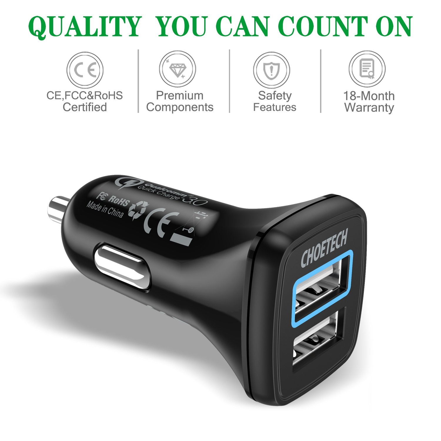 C0051 Choetech QC 30W Car Charger With USB Cable