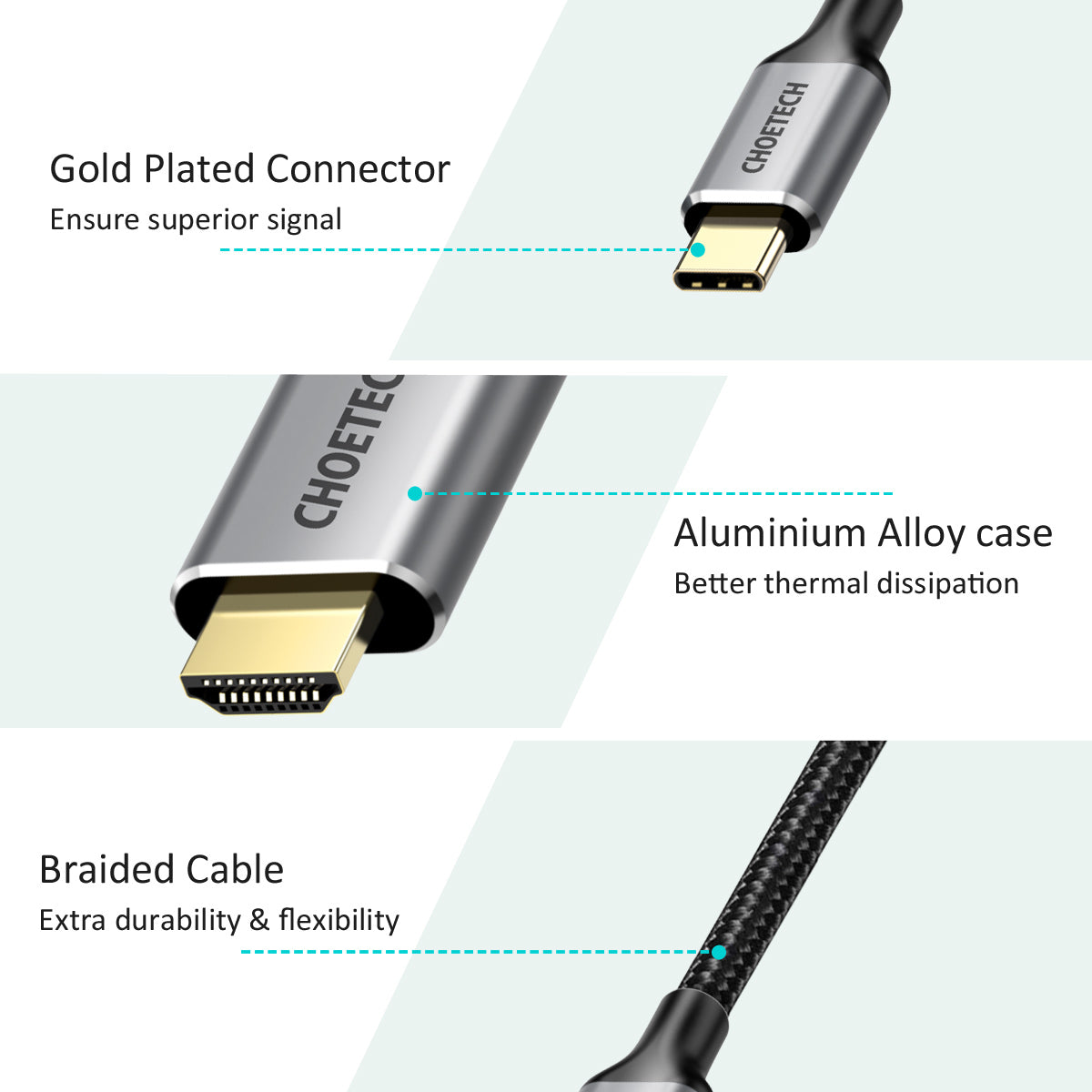 CH0033 Choetech USB-C-zu-HDMI-Kabel (4K bei 60 Hz), 6,5 Fuß/2 m, geflochtenes USB-Typ-C-zu-HDMI-Adapter-Thunderbolt-3-Kabel