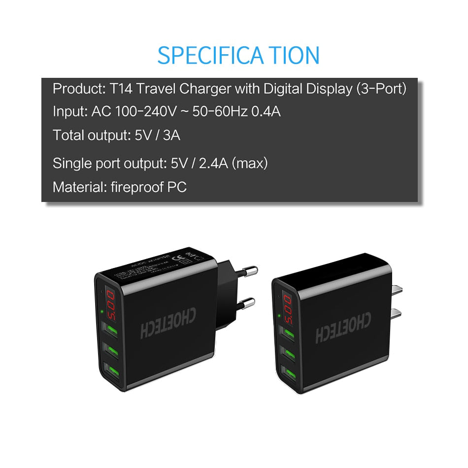 C0027 Choetech Universal 3-Port USB Wall Charger with LED Display & EU Plug