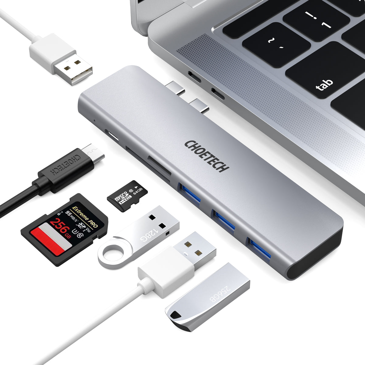 HUB-M23 MacBook Pro USB Adapter, CHOETECH 7 in 1 MacBook Air Adapter für MacBook Pro/Air 13-16”2016-2020, MacBook Zubehör mit Thunderbolt 3 100W PD Port, 3 USB 3.0 Ports, USB 2.0 Port, TF/SD Karte Leser
