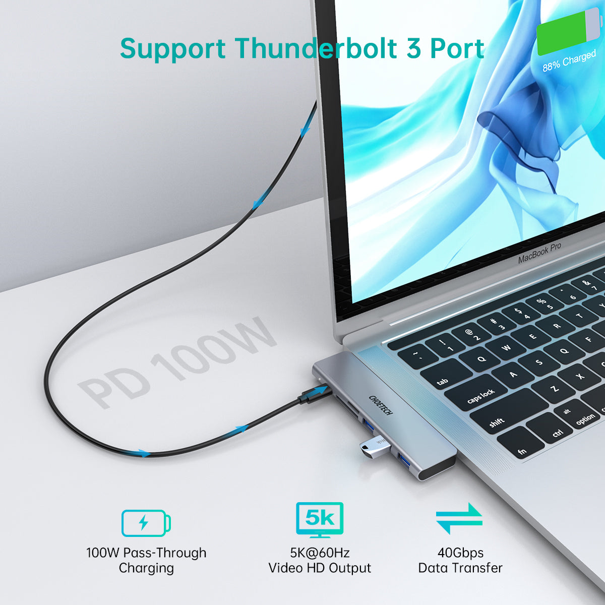 HUB-M23 MacBook Pro USB Adapter, CHOETECH 7 in 1 MacBook Air Adapter für MacBook Pro/Air 13-16”2016-2020, MacBook Zubehör mit Thunderbolt 3 100W PD Port, 3 USB 3.0 Ports, USB 2.0 Port, TF/SD Karte Leser