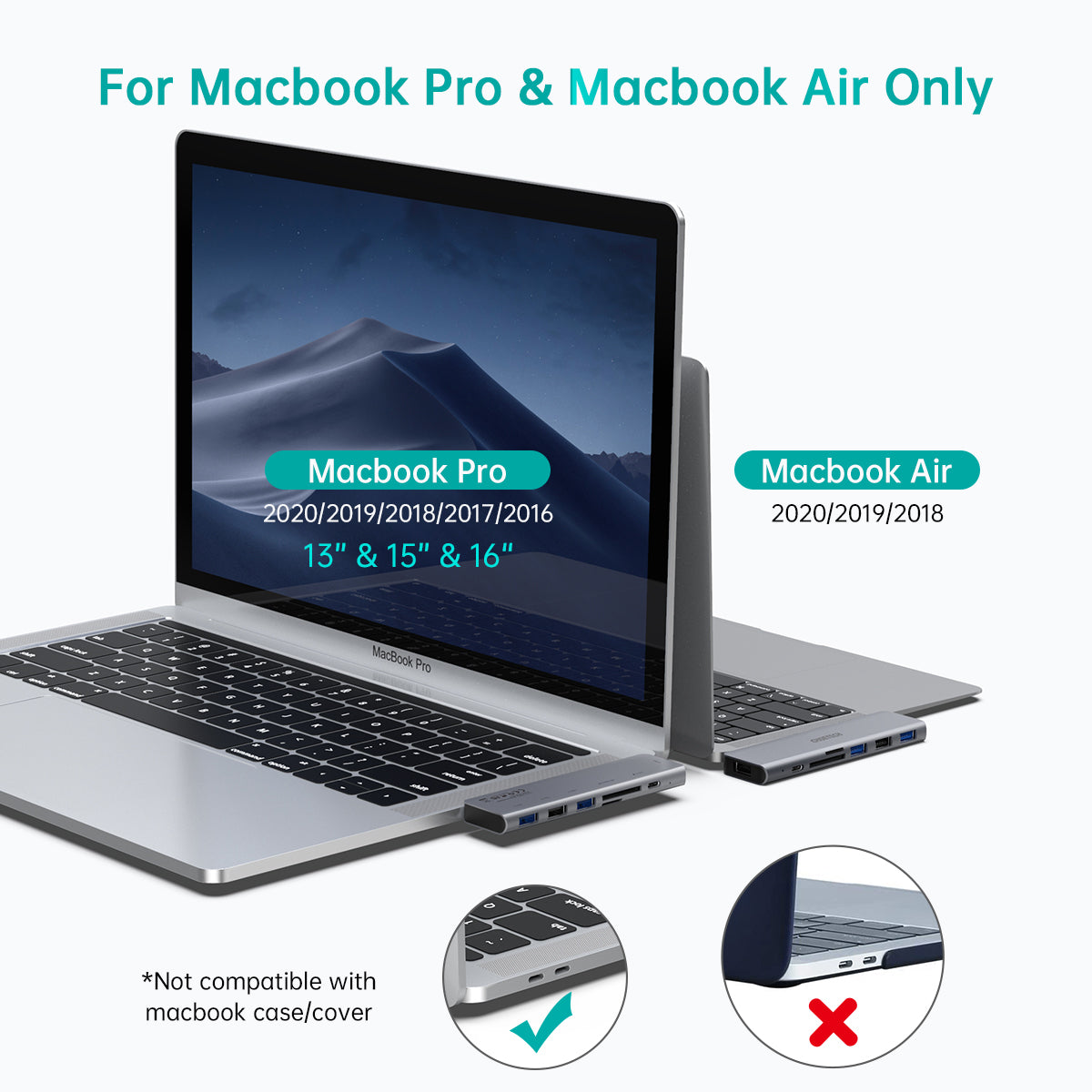 HUB-M23 Adaptador USB MacBook Pro, CHOETECH 7 en 1 Adaptador MacBook Air para MacBook Pro/Air 13-16"2016-2020, Accesorios MacBook con puerto Thunderbolt 3 100W PD, 3 puertos USB 3.0, puerto USB 2.0, tarjeta TF/SD Lector