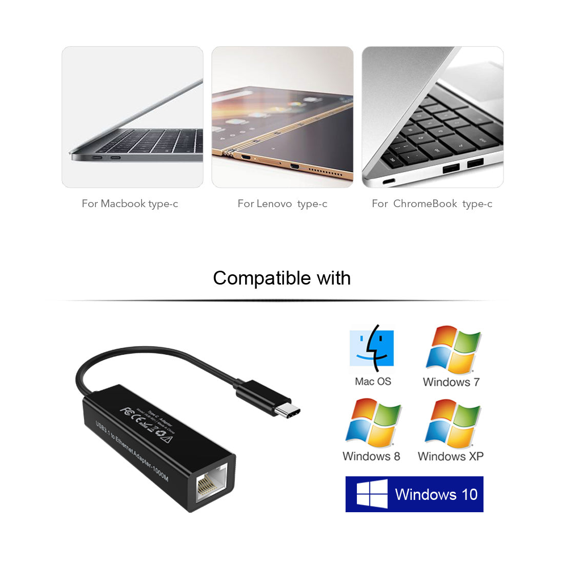 HUB-R01 Adaptateur USB C vers Ethernet, CHOETECH USB 3.1 Type C vers RJ-45 10/100/1000 Gigabit Ethernet LAN Adaptateur réseau pour iMac 2017, MacBook Pro 2017/2016, MacBook 2015, ChromeBook Pixel, etc.